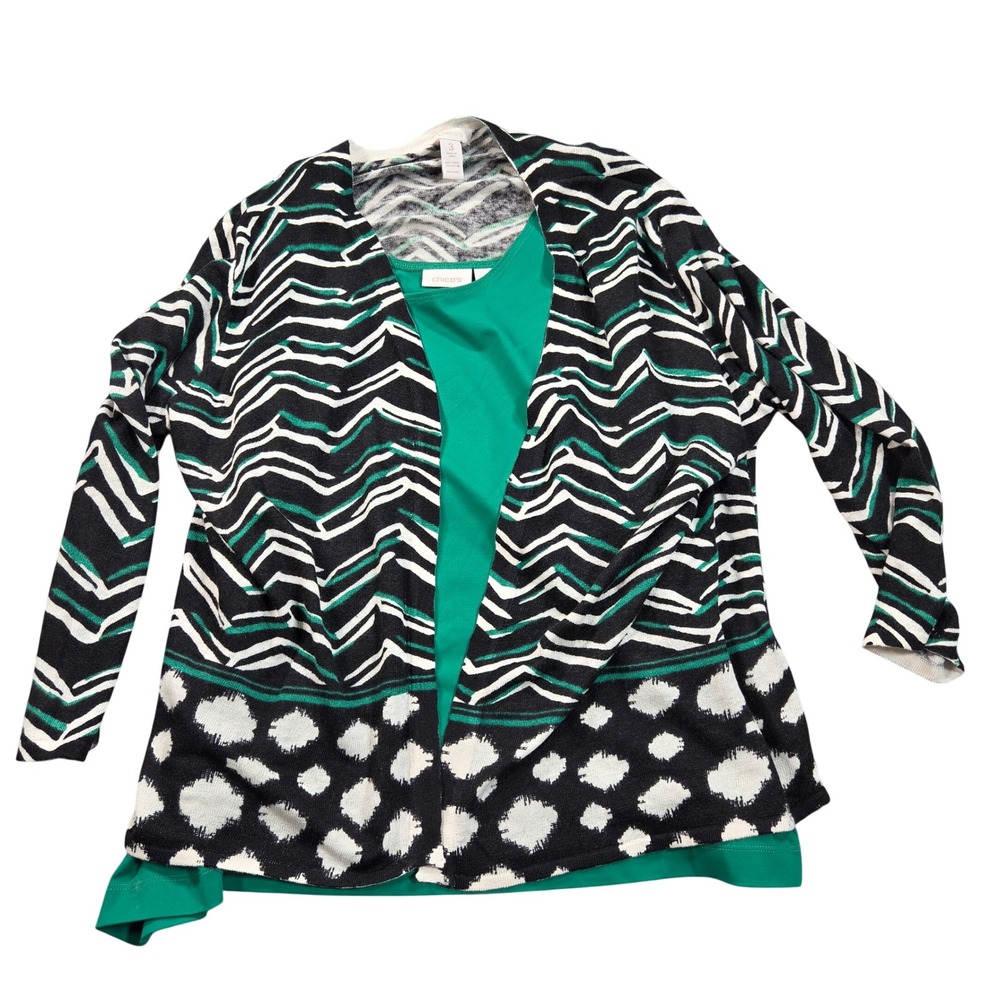 Chicos Cardigan Tank Top Set Womens Size 3 Green Black White Chevron Polka Dot